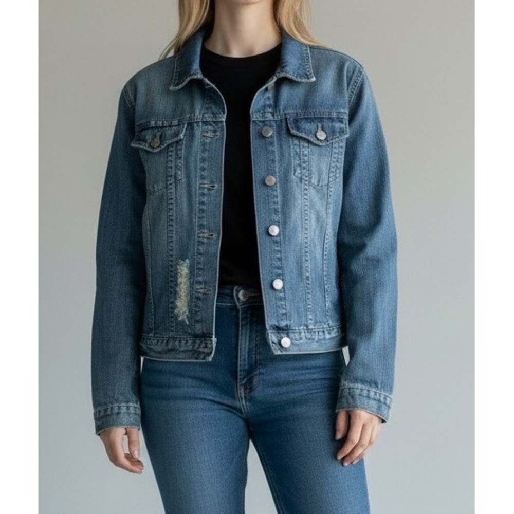 American Eagle Jean Jacket‎ XL Distressed Embellished Sequins Denim Coat Y2K